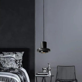 Terrazzo Single-Bulb Black Hat Hanging Lamp - Flat Round Ceiling Lighting With Simplicity / 7’
