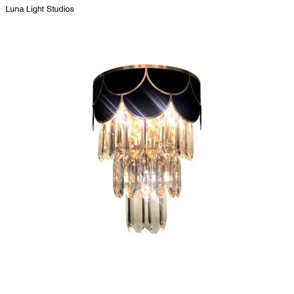 Tiered Wall Lamp With Crystal Block In Black - Modern Metal Lighting For Bedroom