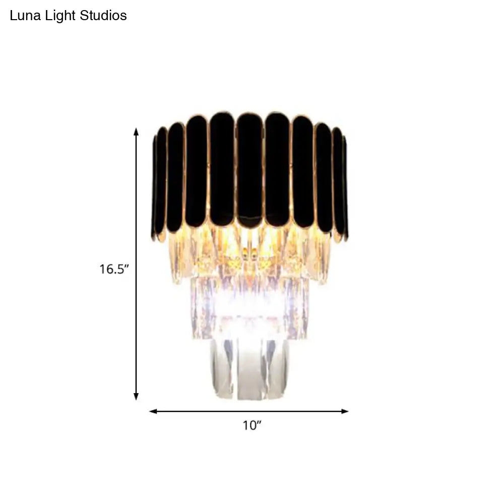 Tiered Wall Lamp With Crystal Block In Black - Modern Metal Lighting For Bedroom