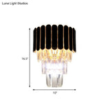 Tiered Wall Lamp With Crystal Block In Black - Modern Metal Lighting For Bedroom
