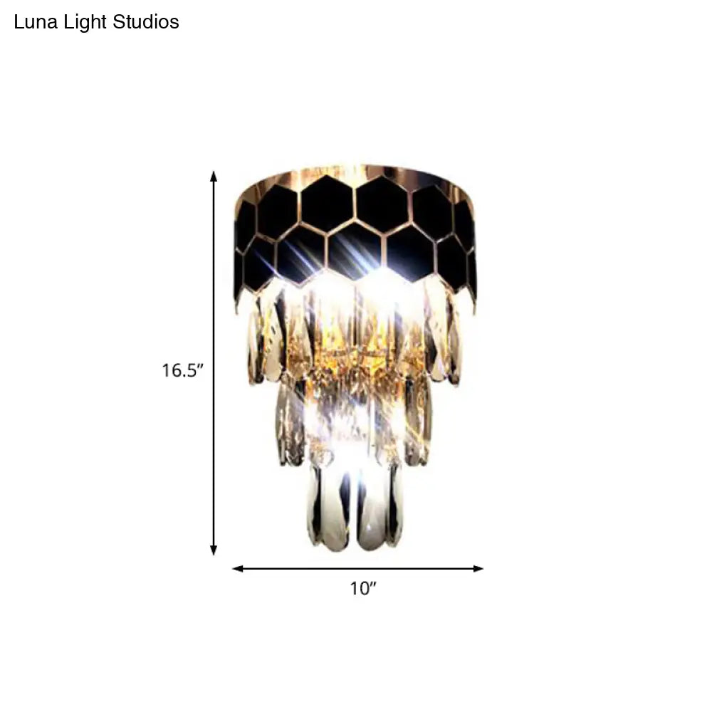 Tiered Wall Lamp With Crystal Block In Black - Modern Metal Lighting For Bedroom