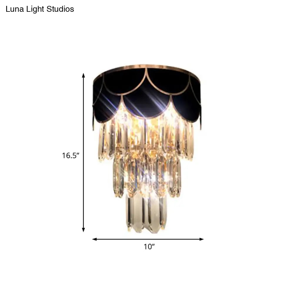 Tiered Wall Lamp With Crystal Block In Black - Modern Metal Lighting For Bedroom