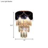 Tiered Wall Lamp With Crystal Block In Black - Modern Metal Lighting For Bedroom