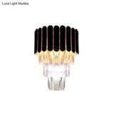 Tiered Wall Lamp With Crystal Block In Black - Modern Metal Lighting For Bedroom
