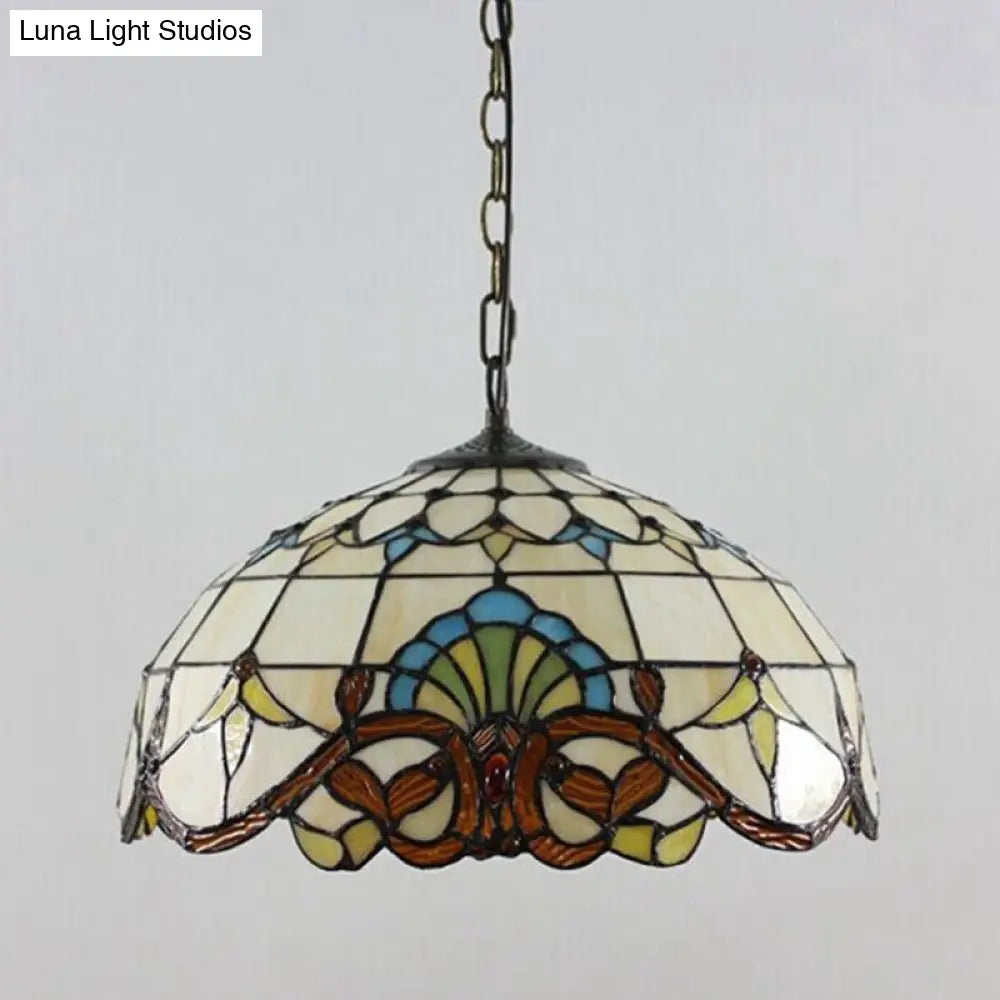 Tiffany 1-Light Beige Stained Glass Dome Pendant – Elegant Suspension Lighting For Dining Room