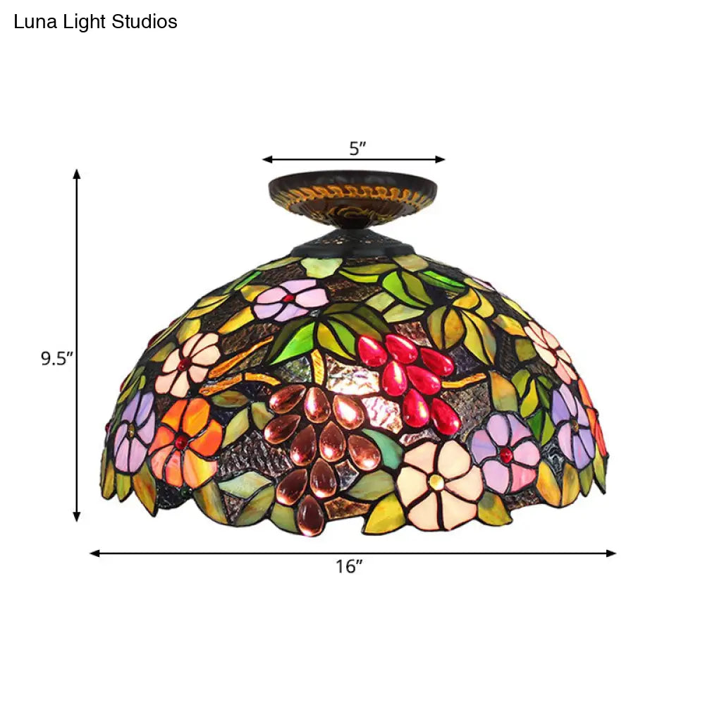 Tiffany 1-Light Stained Glass Blossom Ceiling Lamp- Brass Flushmount 12’/16’ Width