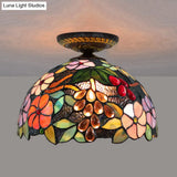 Tiffany 1-Light Stained Glass Blossom Ceiling Lamp- Brass Flushmount 12’/16’ Width