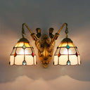 Tiffany 2-Head Grid Pattern Stained Glass Sconce Light - Beige-White-Blue-Clear Beige-White-Clear