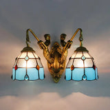 Tiffany 2-Head Grid Pattern Stained Glass Sconce Light - Beige-White-Blue-Clear Blue-Clear