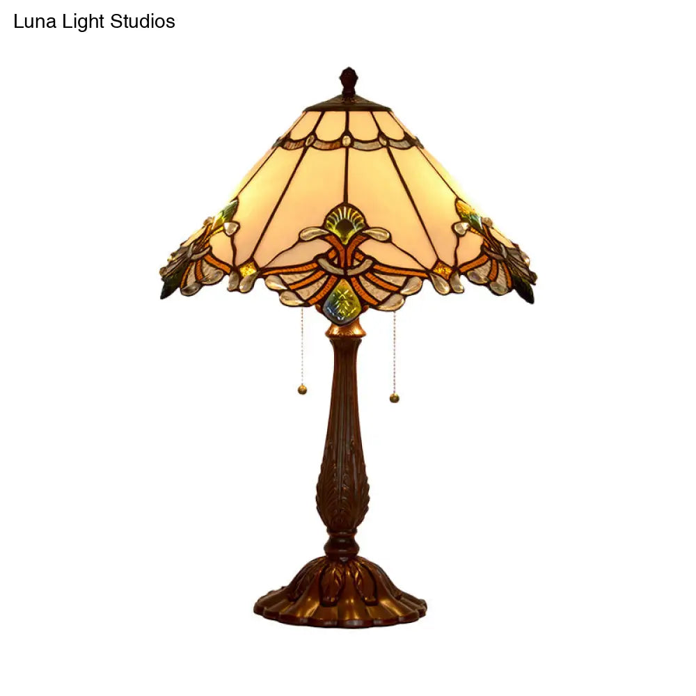 Tiffany 2-Light Bronze Table Lamp With White Glass Goose Pattern & Pulling Chain