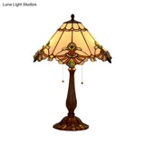 Tiffany 2-Light Bronze Table Lamp With White Glass Goose Pattern & Pulling Chain