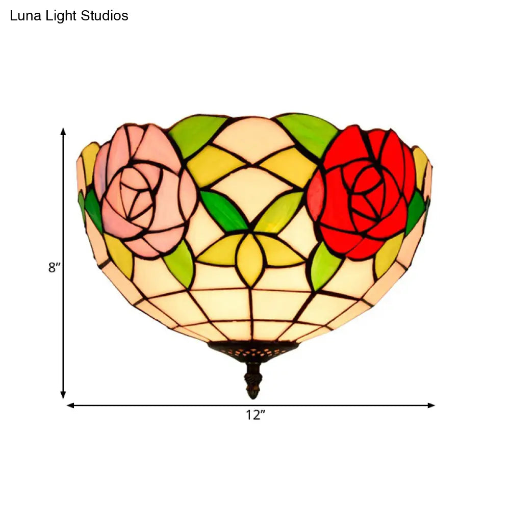 Tiffany 2-Light Stained Glass Floral Ceiling Fixture – Brass Flush Mount For Bedroom