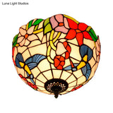 Tiffany 2-Light Stained Glass Floral Ceiling Fixture – Brass Flush Mount For Bedroom