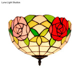 Tiffany 2-Light Stained Glass Floral Ceiling Fixture – Brass Flush Mount For Bedroom