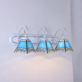 Tiffany 3-Head Blue Glass Wall Sconce With Scrolling Arm