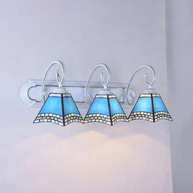 Tiffany 3-Head Blue Glass Wall Sconce With Scrolling Arm