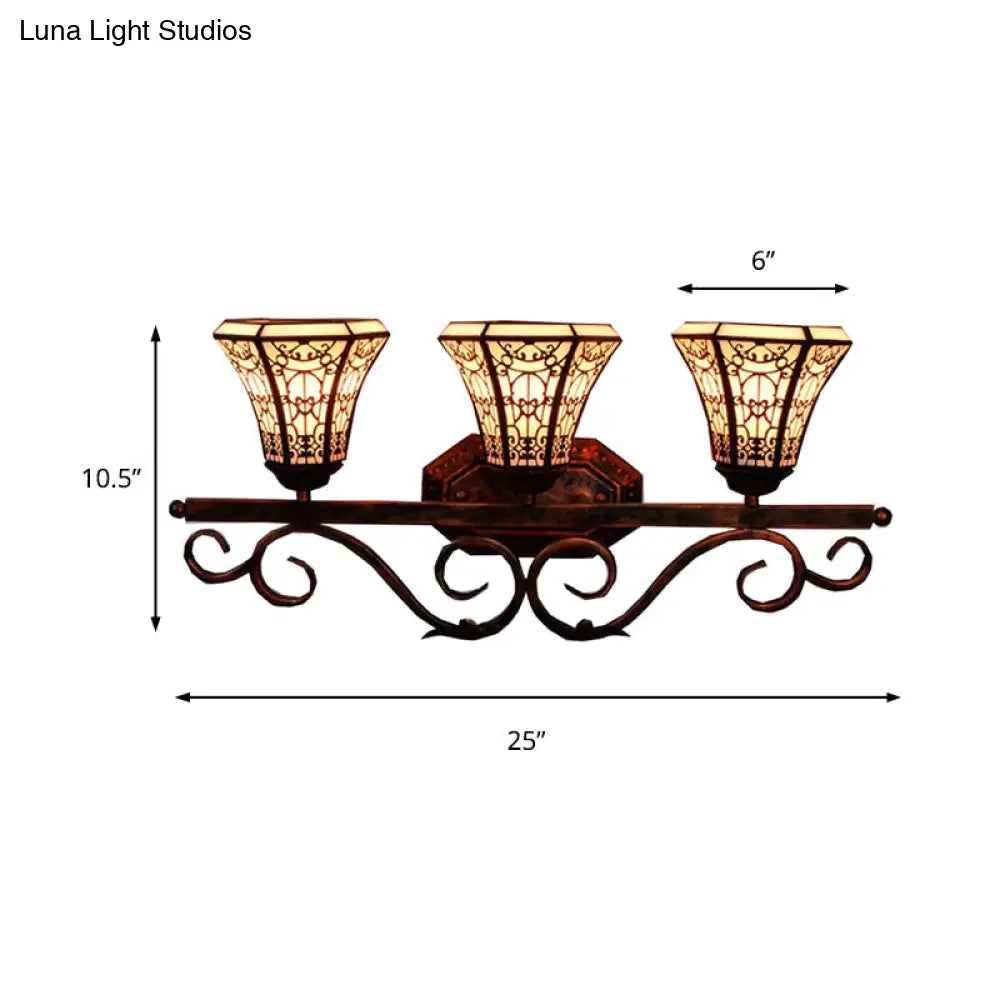 Tiffany Antique Wall Light With Glass Pattern - 3 Lights For Study Room In Beige