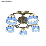 Tiffany Art Glass Ceiling Lamp - Lattice Domed Mount Light (5/9 Lights) In Blue/Sky Blue For Cloth
