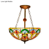 Tiffany Baroque Bowl Stained Glass Ceiling Light - Green/Red Semi Flush Mount For Villas