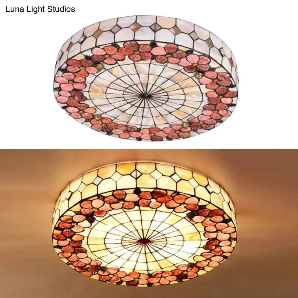 Tiffany Bedroom Ceiling Lights - 4 - Light Flush Mount Fixture With Stained Glass Drum Shade And
