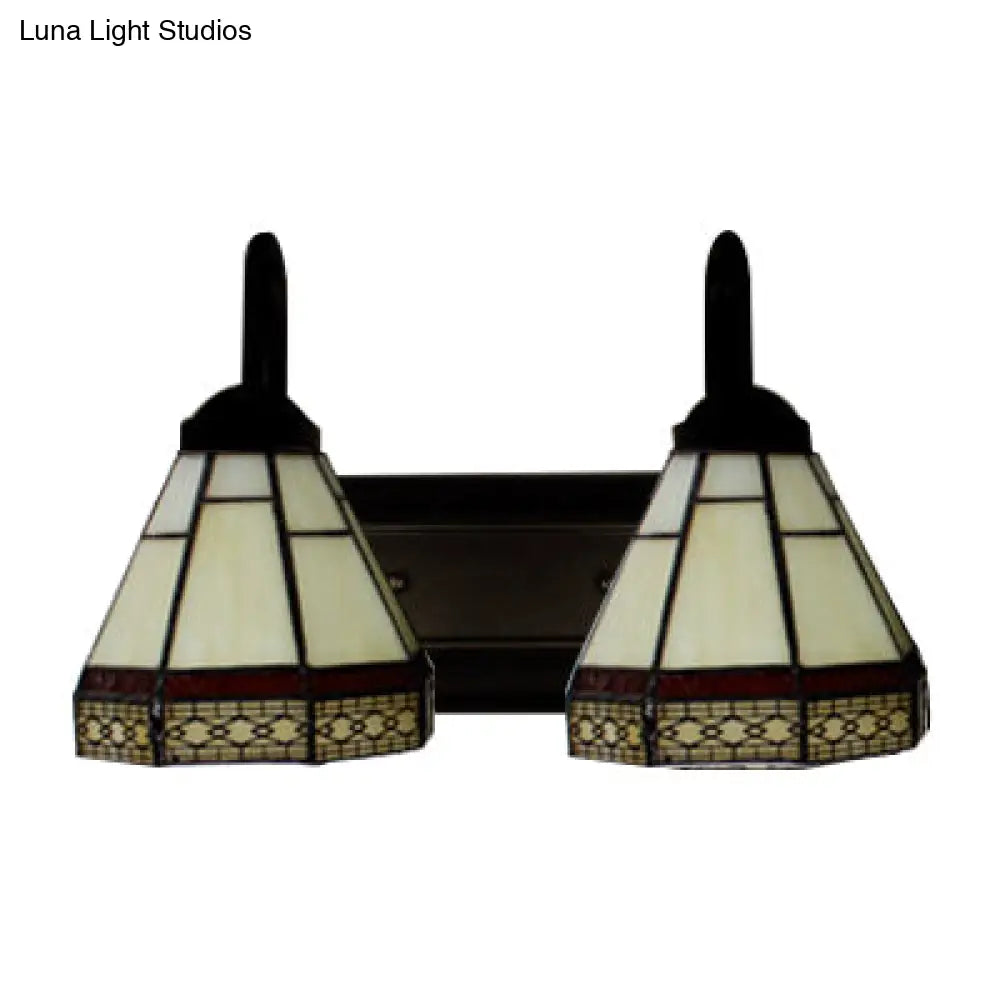 Tiffany Beige Glass Cone Sconce Light Fixture - Wall Mounted Black 2-Headed Lighting
