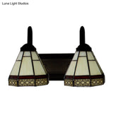 Tiffany Beige Glass Cone Sconce Light Fixture - Wall Mounted Black 2-Headed Lighting
