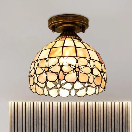 Tiffany Beige/Pink/Orange Shell Mini Flush Light Fixture - Natural Decorative Ceiling Lamp Beige