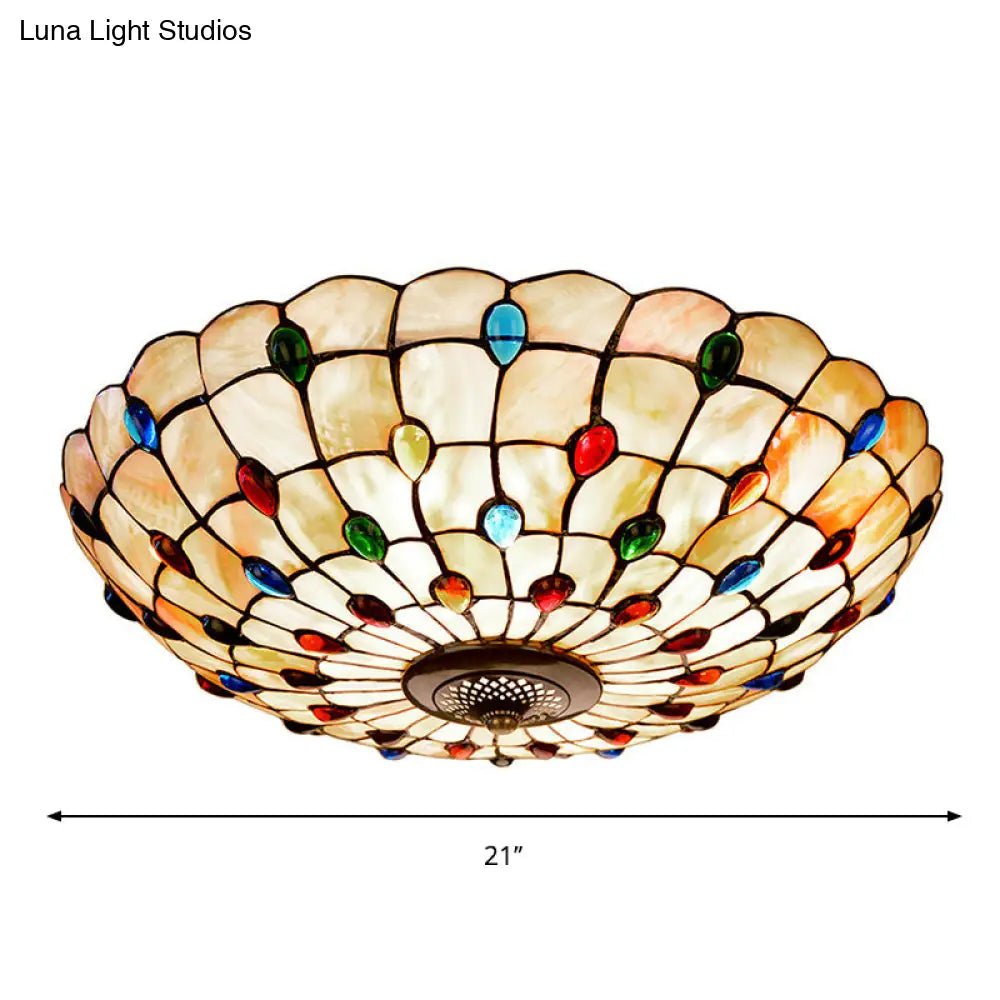 Tiffany Beige Shell Flush Mount Ceiling Light - 3/4 - Light Cabochons - Embellished Ideal For
