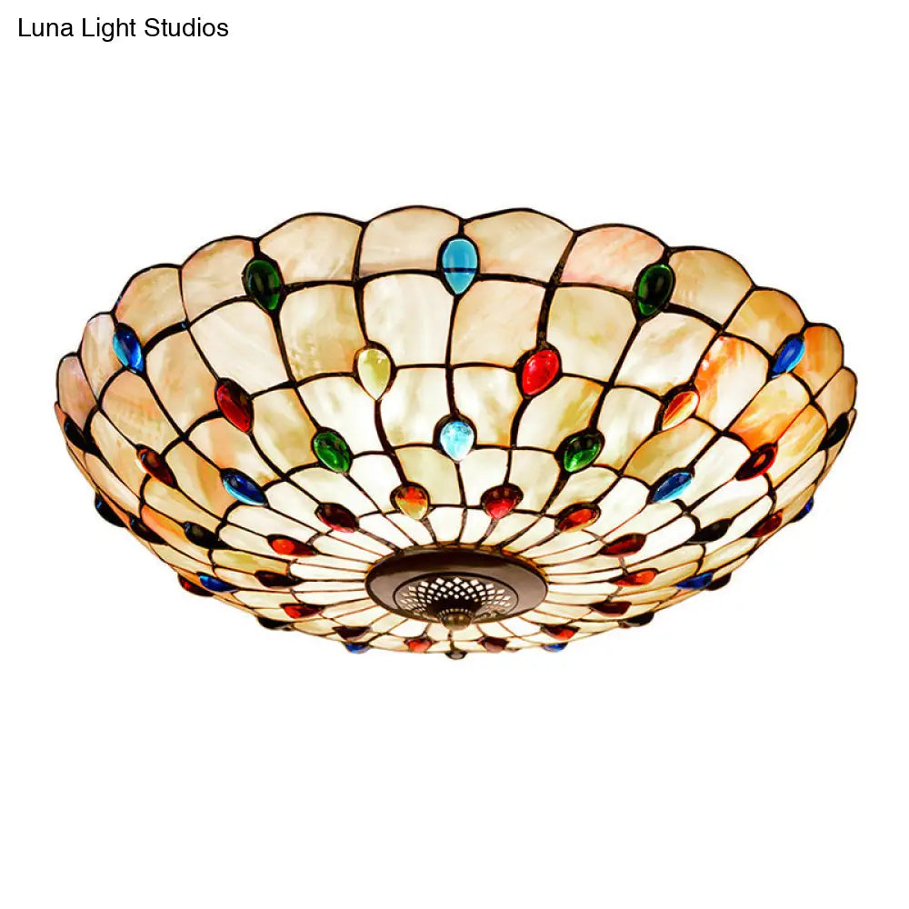 Tiffany Beige Shell Flush Mount Ceiling Light - 3/4 - Light Cabochons - Embellished Ideal For