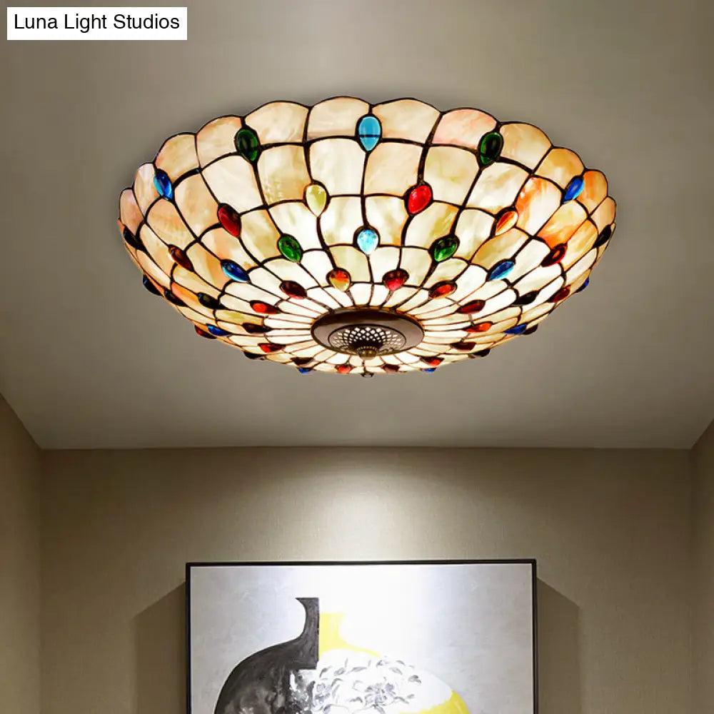 Tiffany Beige Shell Flush Mount Ceiling Light - 3/4 - Light Cabochons - Embellished Ideal For