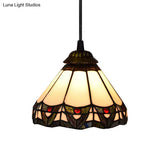 Tiffany Beige Stained Glass Ceiling Pendant Light - Wide Flare Down Lighting For Stairway