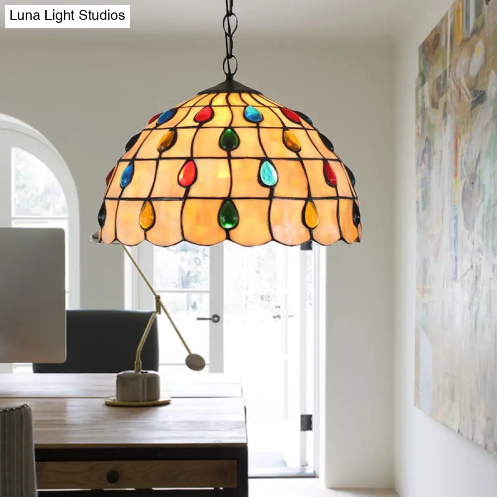 Tiffany Beige Stained Glass Stair Pendant Light With Beaded Shade