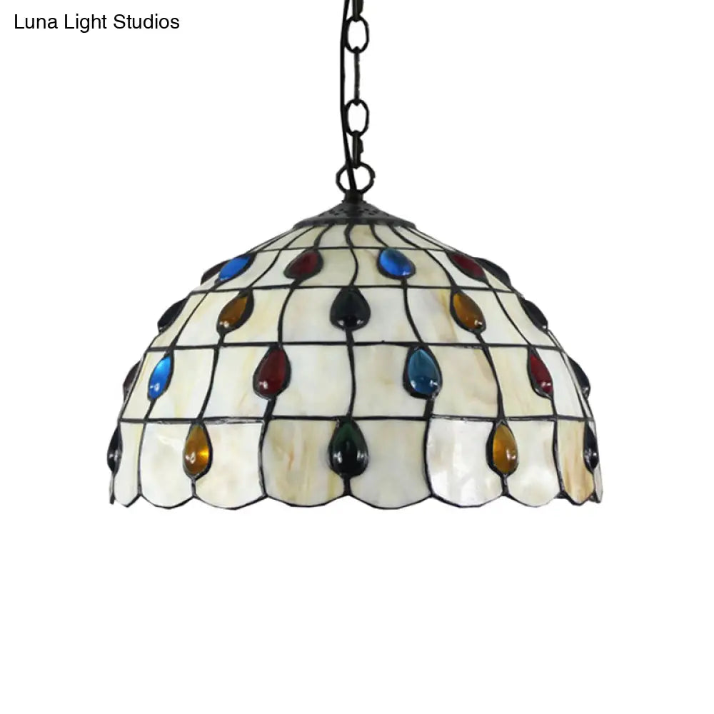 Tiffany Beige Stained Glass Stair Pendant Light With Beaded Shade