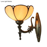 Tiffany Beige/Yellow Glass Wall Sconce Light With Bronze Finish - Flower/Bowl Design 1-Bulb