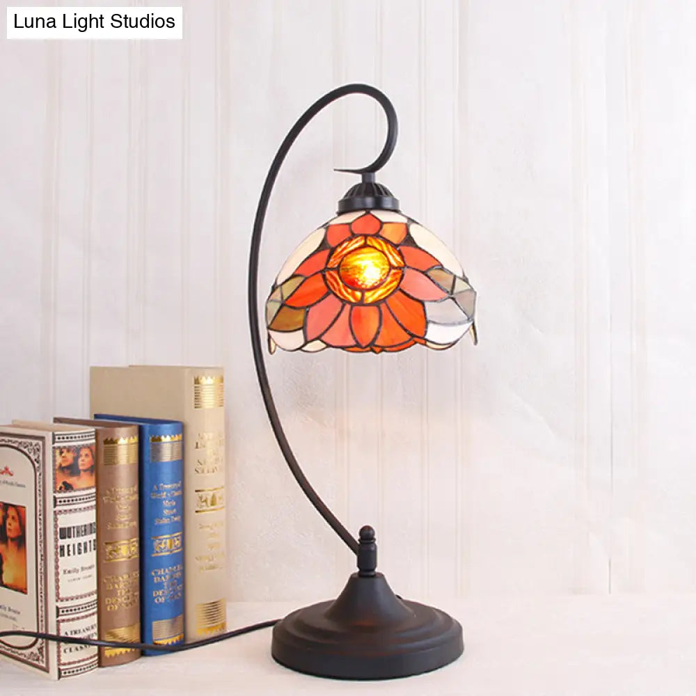 Tiffany Black Sunflower Patterned Nightstand Lamp With Bowl Cut Glass Shade - Perfect Living Room