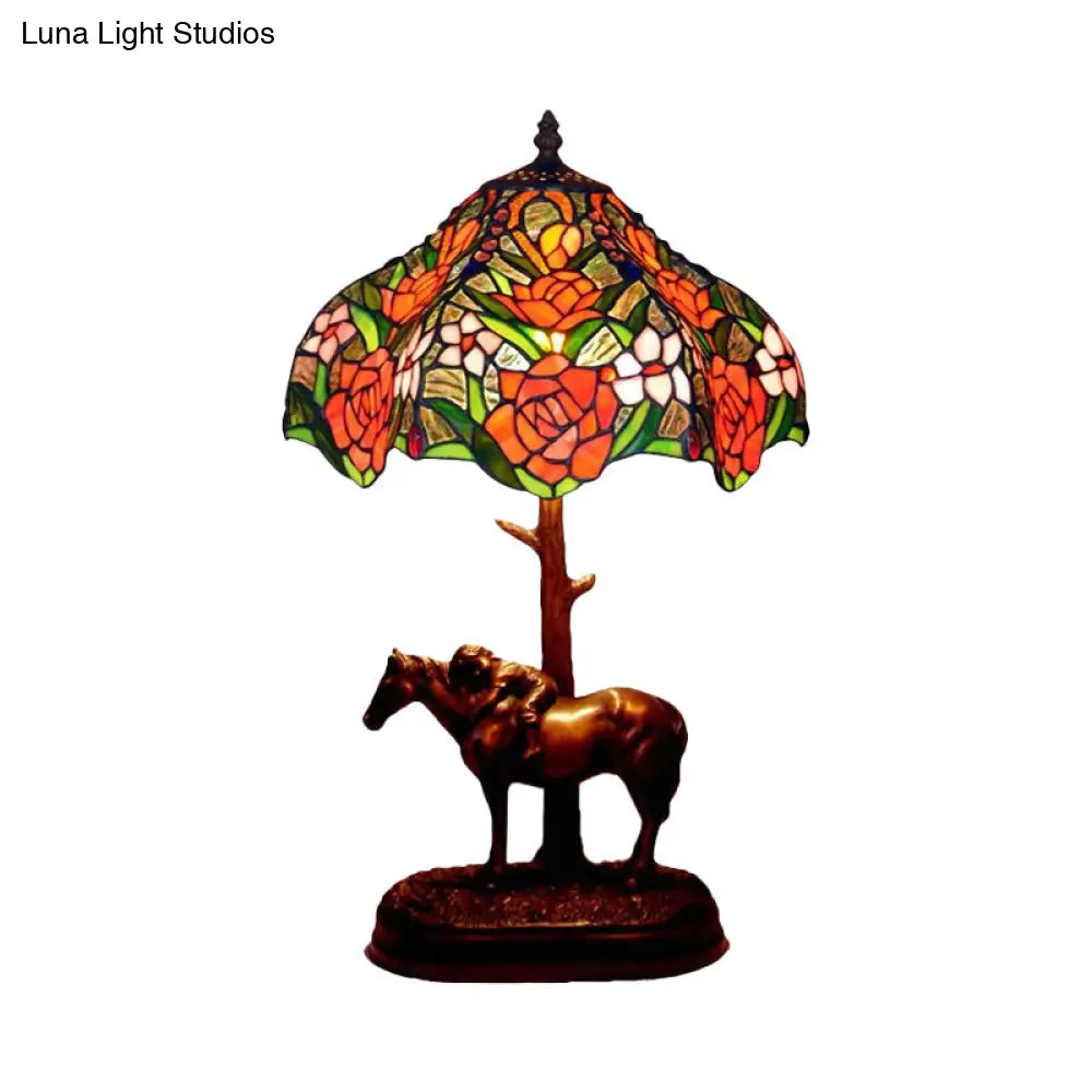Tiffany Blooming Rose Stained Glass Table Lamp: Single Nightstand Light With Scalloped Edge And