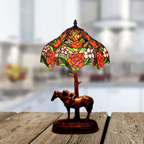 Tiffany Blooming Rose Stained Glass Table Lamp: Single Nightstand Light With Scalloped Edge And