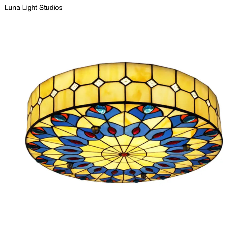 Tiffany Blue Peacock Design Flushmount Ceiling Light For Restaurants - 16’/18’ Round Shade