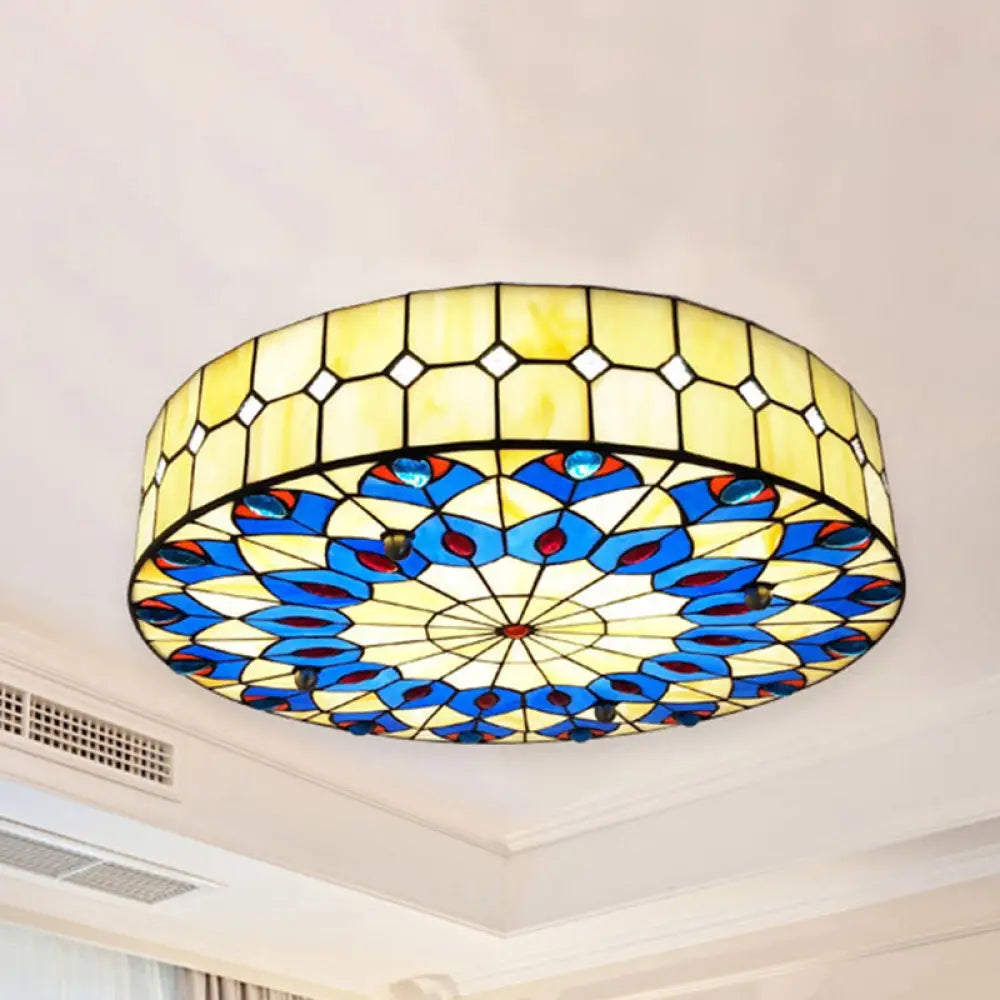 Tiffany Blue Peacock Design Flushmount Ceiling Light For Restaurants - 16’/18’ Round Shade / 16’