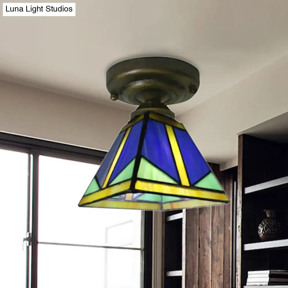 Tiffany Blue Vintage Ceiling Light: Compact Glass Flushmount For Hallways