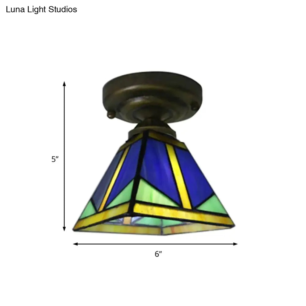Tiffany Blue Vintage Ceiling Light: Compact Glass Flushmount For Hallways