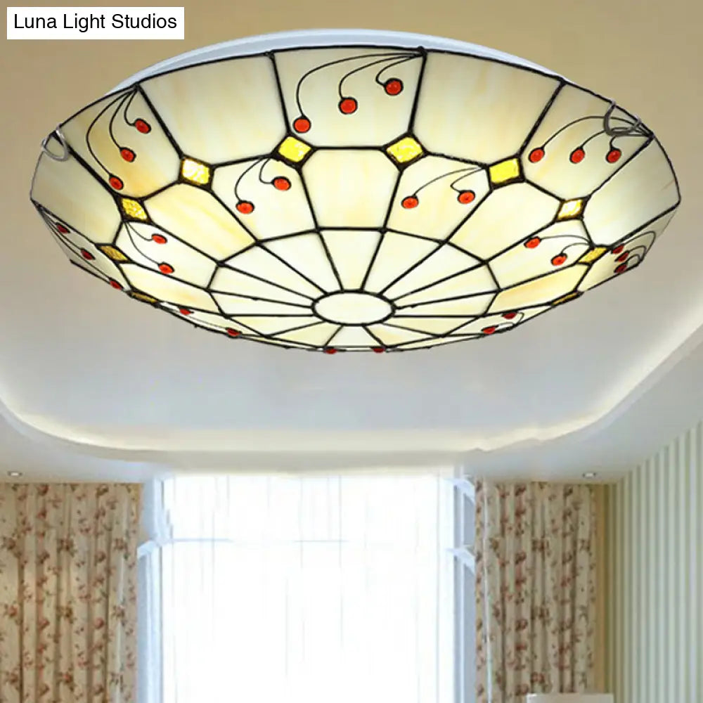 Tiffany Bowl Flush Light Fixture - Led Stained Glass Ceiling Mounted Lighting In Beige For Living