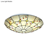Tiffany Bowl Flush Light Fixture - Led Stained Glass Ceiling Mounted Lighting In Beige For Living