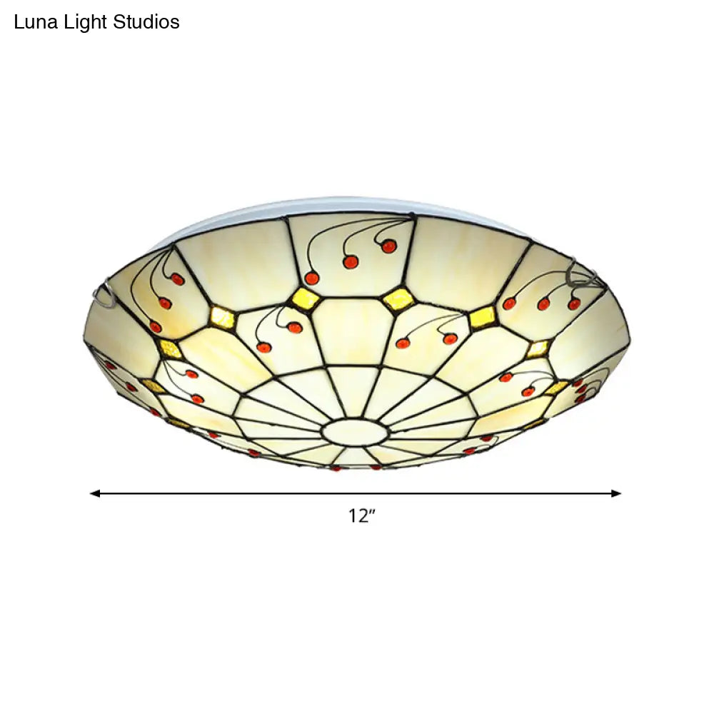 Tiffany Bowl Flush Light Fixture - Led Stained Glass Ceiling Mounted Lighting In Beige For Living