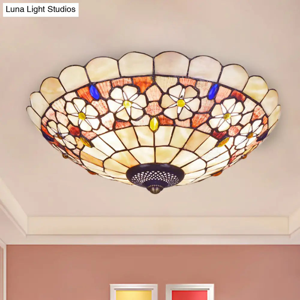 Tiffany Bowl Shell Ceiling Lamp With Blossom Pattern - 12’/21’ Dia 3/4 - Light Flush Mount Beige