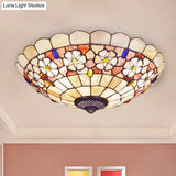 Tiffany Bowl Shell Ceiling Lamp With Blossom Pattern - 12’/21’ Dia 3/4 - Light Flush Mount Beige