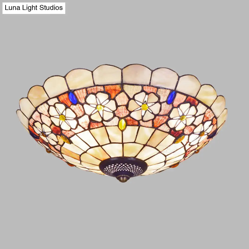Tiffany Bowl Shell Ceiling Lamp With Blossom Pattern - 12’/21’ Dia 3/4 - Light Flush Mount Beige