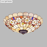 Tiffany Bowl Shell Ceiling Lamp With Blossom Pattern - 12’/21’ Dia 3/4 - Light Flush Mount Beige