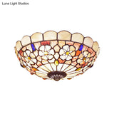 Tiffany Bowl Shell Ceiling Lamp With Blossom Pattern - 12’/21’ Dia 3/4 - Light Flush Mount Beige
