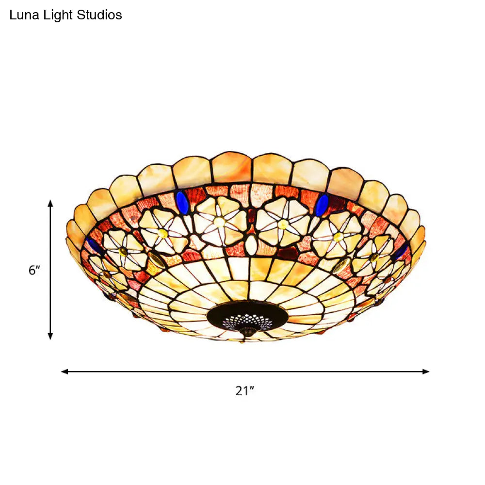Tiffany Bowl Shell Ceiling Lamp With Blossom Pattern - 12’/21’ Dia 3/4 - Light Flush Mount Beige